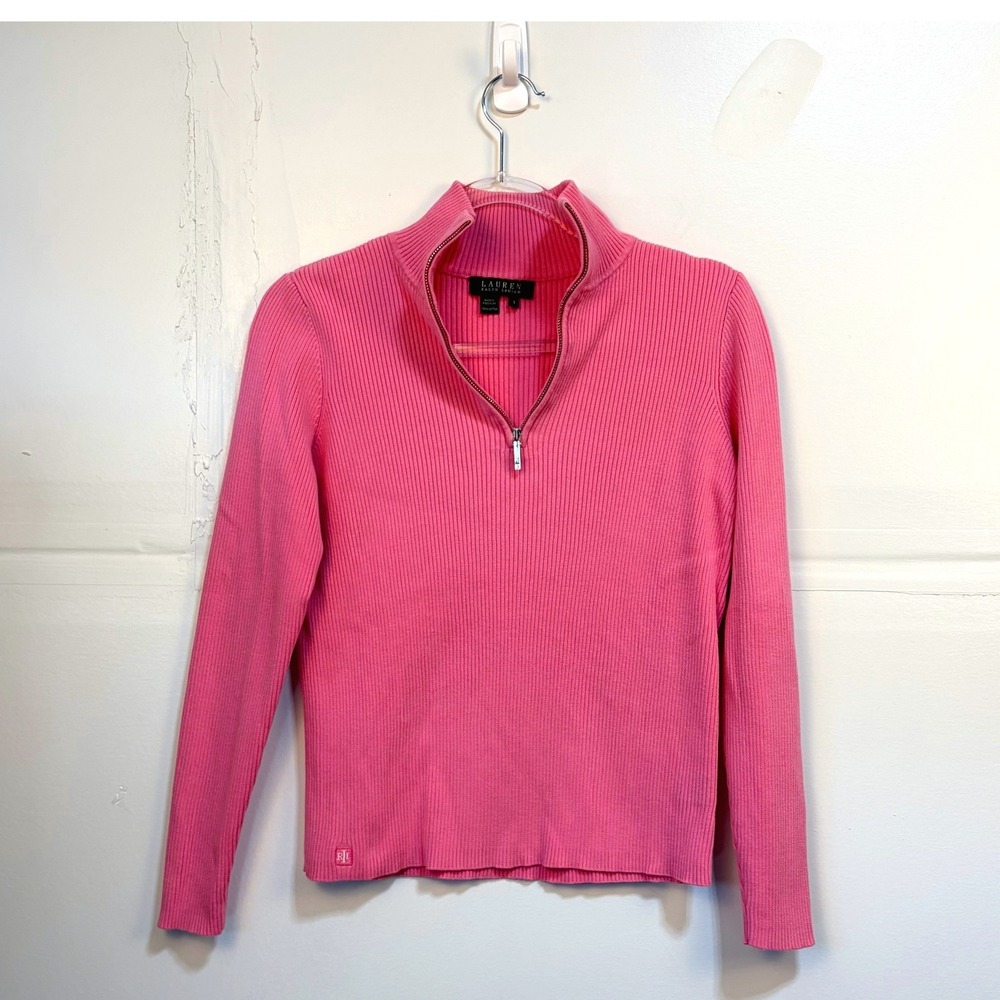 Lauren Ralph Lauren Pink Ribbed Cotton Quarter Zip Sweater Small Preppy Sporty